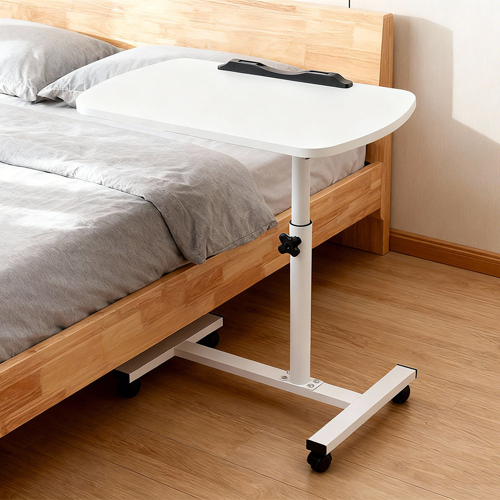 White Adjustable Overbed Table with Wheels and Tilting Top