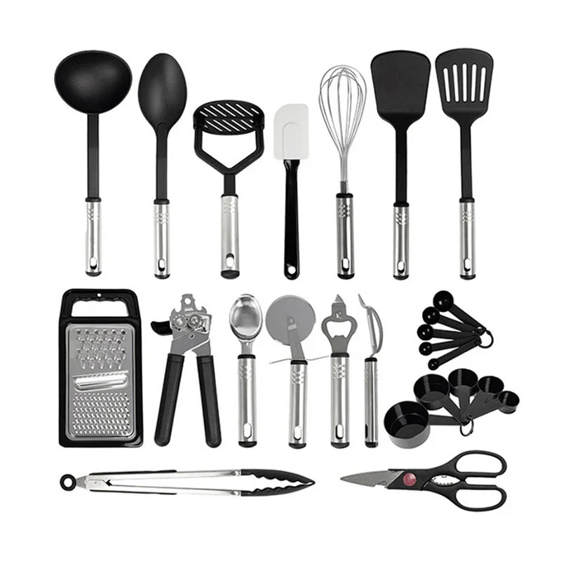 17-piece black and silver kitchen cooking utensil assortment