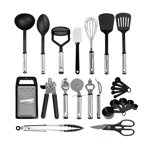 17-piece black and silver kitchen cooking utensil assortment