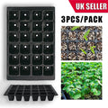 Three 24-cell black plastic seedling propagation trays with drainage holes