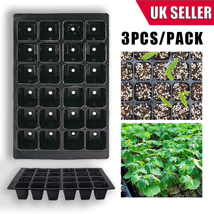 Three 24-cell black plastic seedling propagation trays with drainage holes