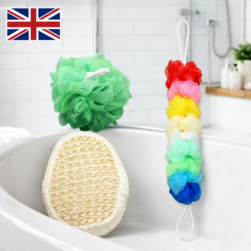 3-Piece Shower Loofah, Mesh Pouf & Back Scrubber Bath Set