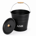 12L Black Metal Ash Bucket with Lid and Wooden-Grip Carry Handle