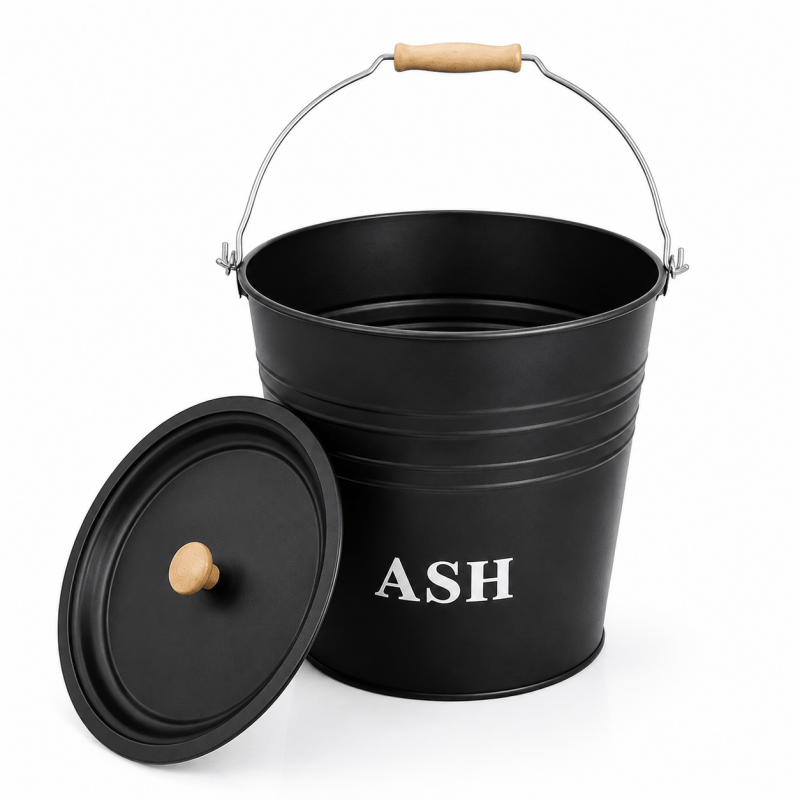12L Black Metal Ash Bucket with Lid and Wooden-Grip Carry Handle