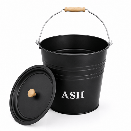 12L Black Metal Ash Bucket with Lid and Wooden-Grip Carry Handle