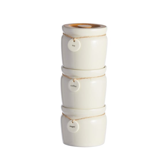 Cream Hang-Tag Stacking Tea, Coffee & Sugar Canisters – Set of 3