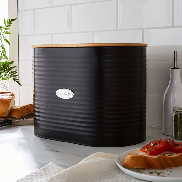Black Badge Metal Bread Bin with Bamboo Lid