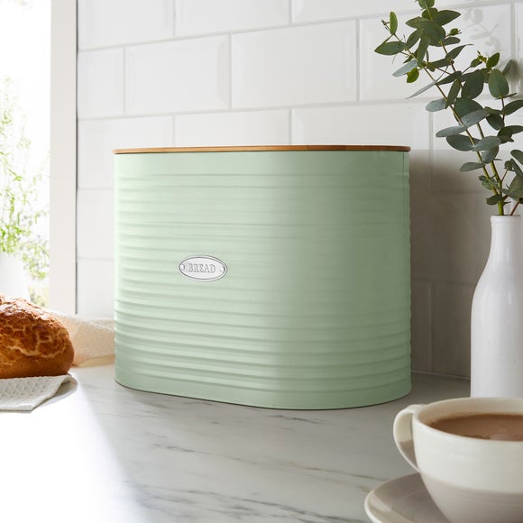 Sage Green Badge Metal Bread Bin with Bamboo Lid