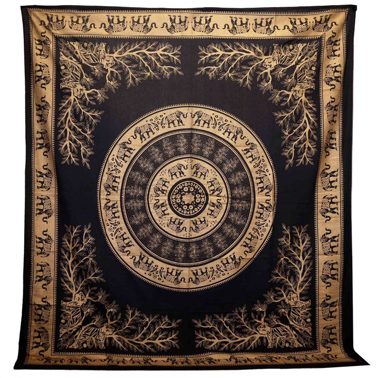 Elephant Jungle Double Cotton Bedspread / Wall Hanging – Black Gold, 200 × 230cm