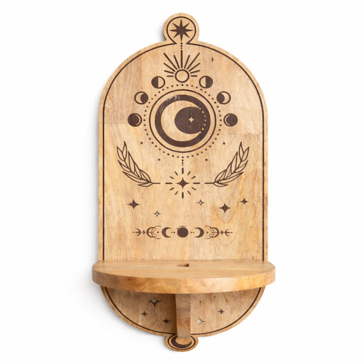Moon Phase & Tree Carved Arch Wall Shelf – 20 × 16 × 47cm