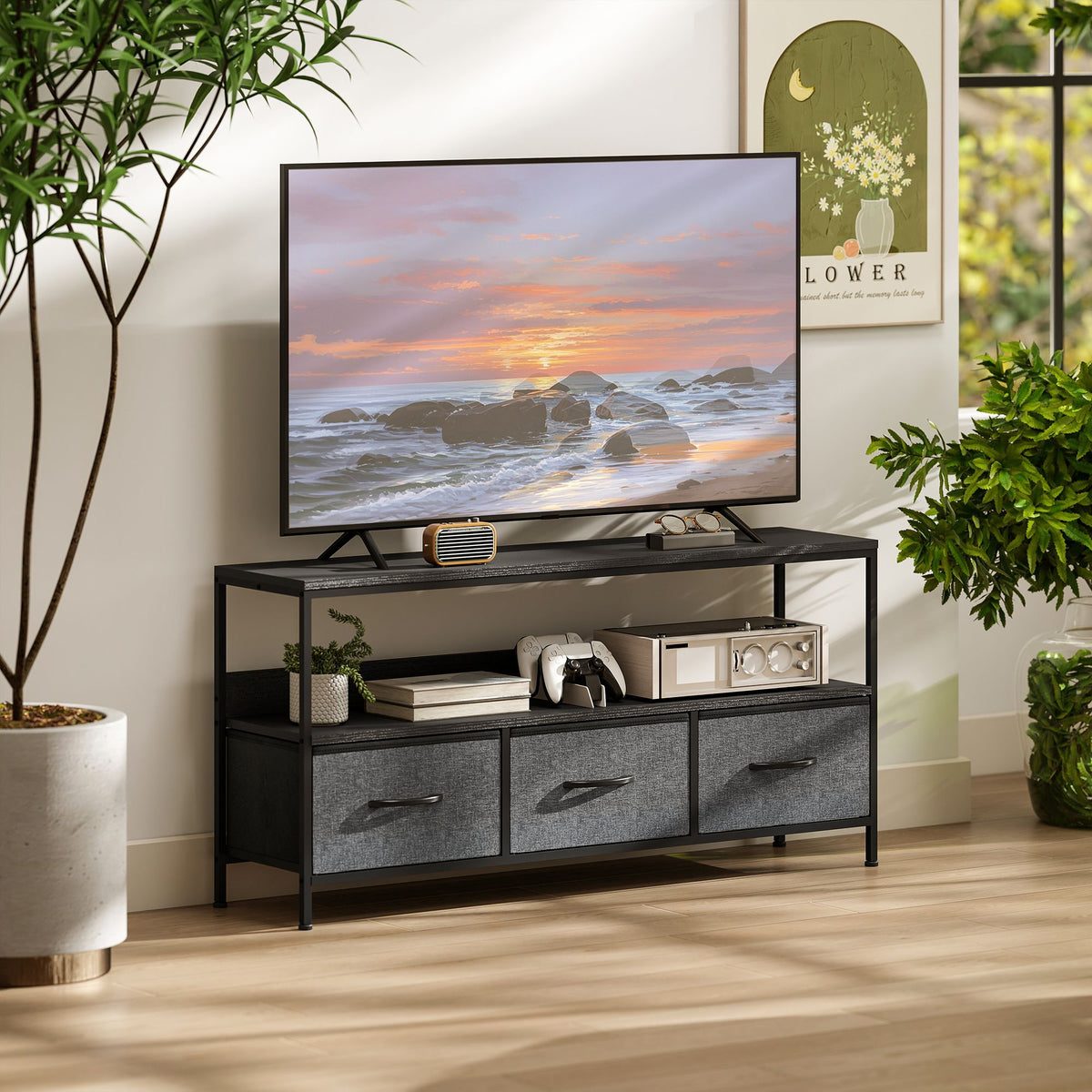 HOMCOM Black TV Unit with 3 Foldable Fabric Drawers