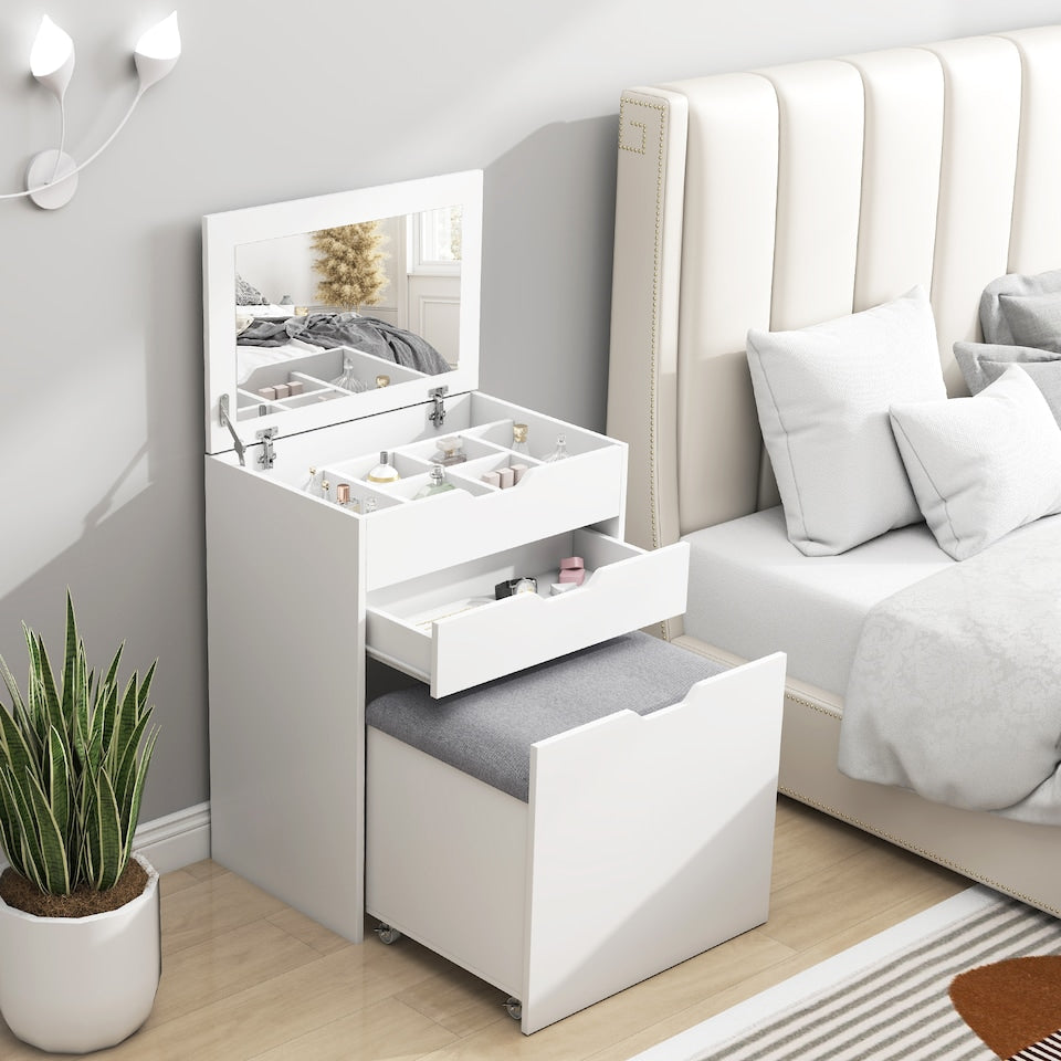 HOMCOM white vanity table with flip-up mirror and grey cushioned storage stool