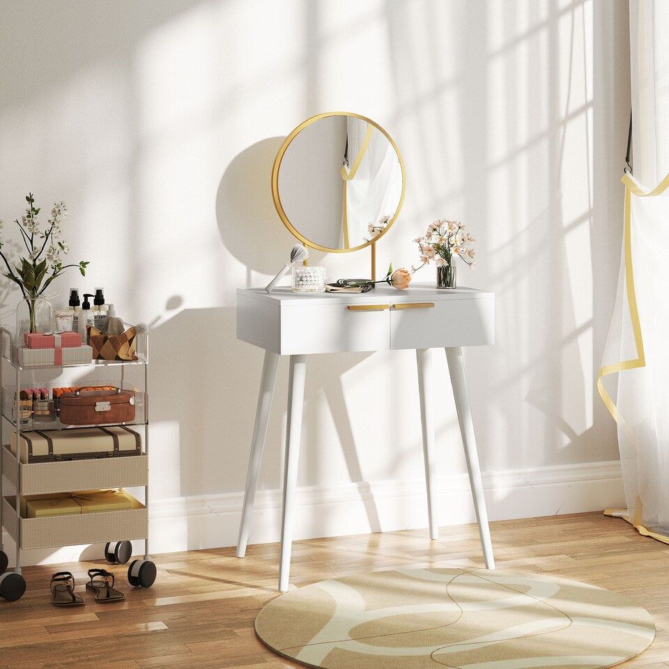 HOMCOM white two-drawer dressing table with circular gold-accented mirror