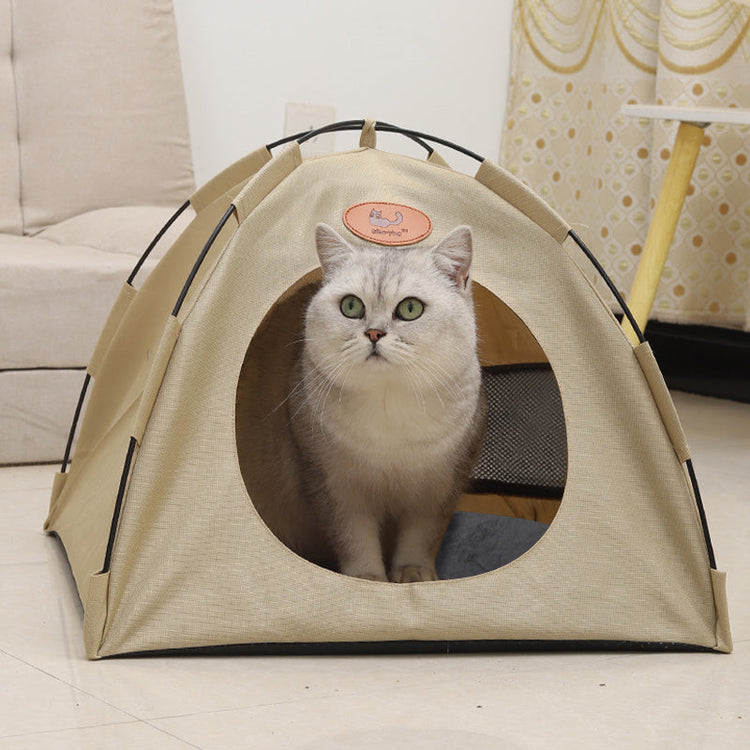 Foldable Cat & Puppy Tent with Soft Bed Pad – Beige