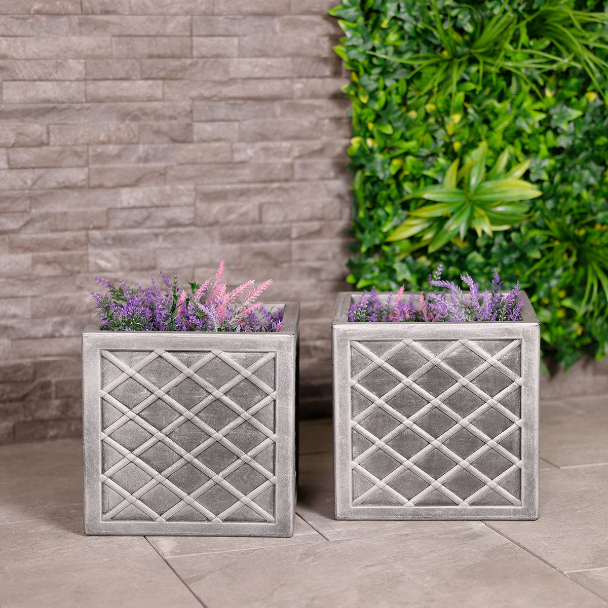 Pair of Charles Bentley Lazio square pewter-effect planters (set of two)