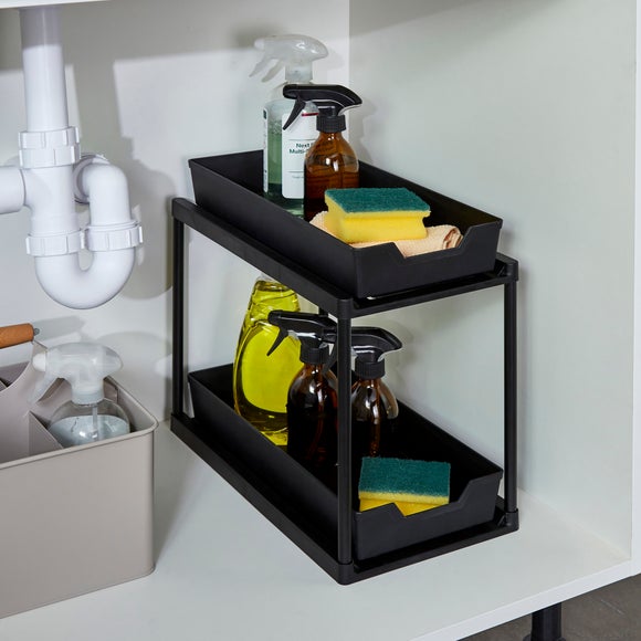 Black 2-Tier Under-Sink Storage Organiser with Pull-Out Drawer