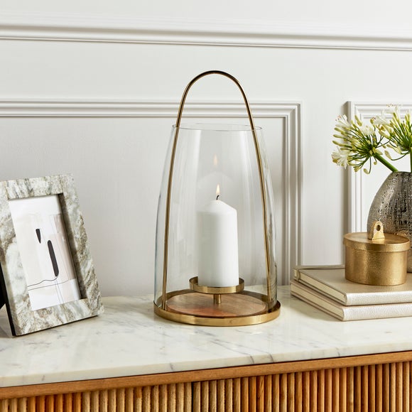 Gold & Wood Curved Lantern – 40cm
