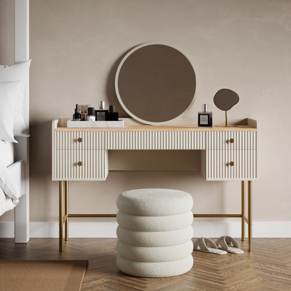 Georgi Natural Five-Drawer Dressing Table with Round Mirror – 123.5cm