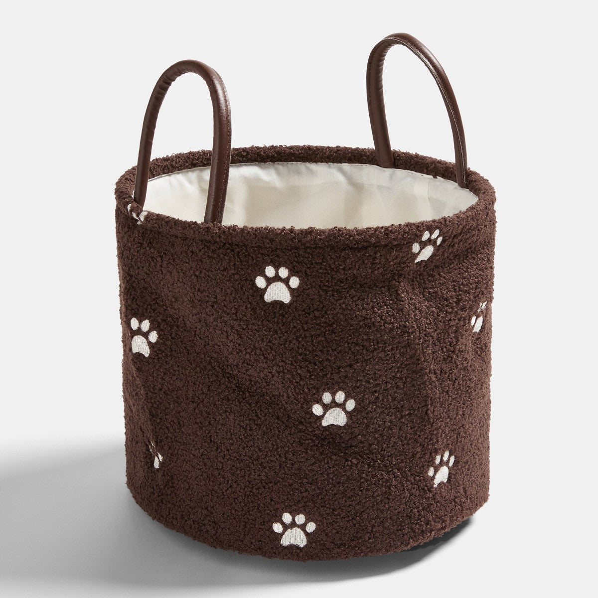OHS brown round soft pet toy storage basket with white paw prints