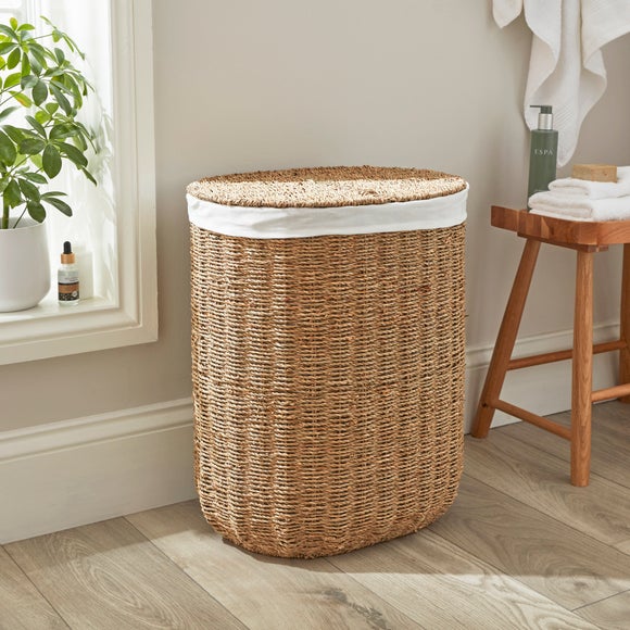 Country Seagrass Double-Compartment Laundry Basket with Removable Liner – 55cm