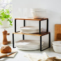 Two tier acacia wood and black metal stackable kitchen shelves