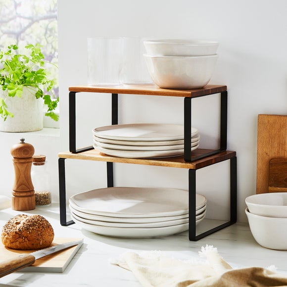 Two tier acacia wood and black metal stackable kitchen shelves