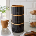 Black stackable tea coffee sugar canisters with bamboo lids