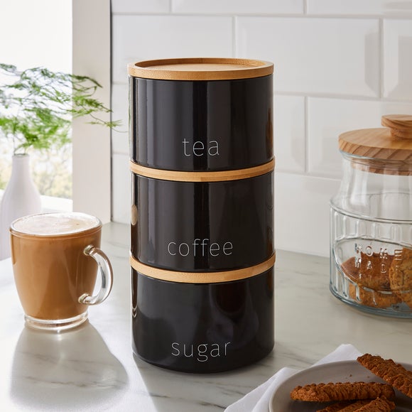 Black stackable tea coffee sugar canisters with bamboo lids