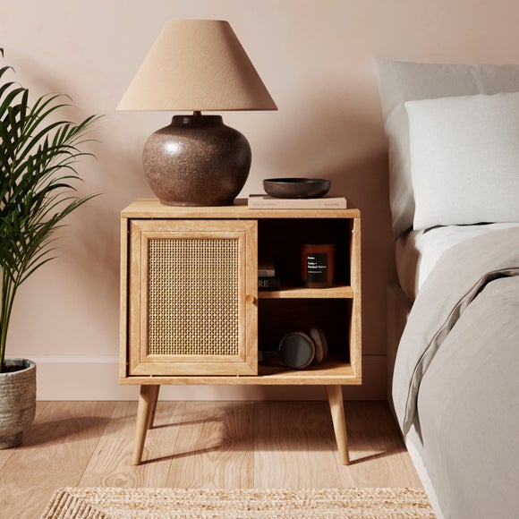 Jordyn Rattan Sliding-Door Wide Bedside Table – Light Wood