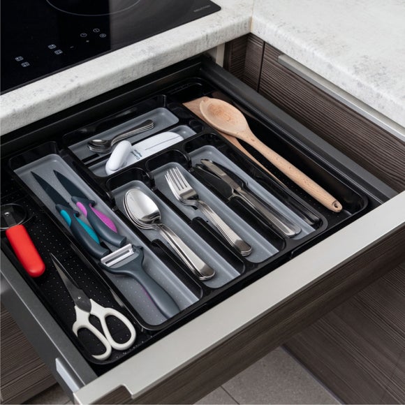 Addis Black & Grey Expandable Cutlery Drawer Organiser – 6 to 8 Sections