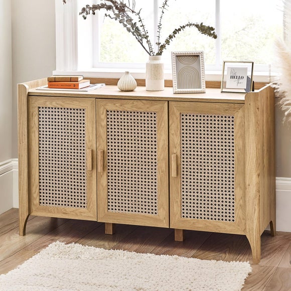 Sydney Oak-Effect Rattan-Print 3-Door Sideboard