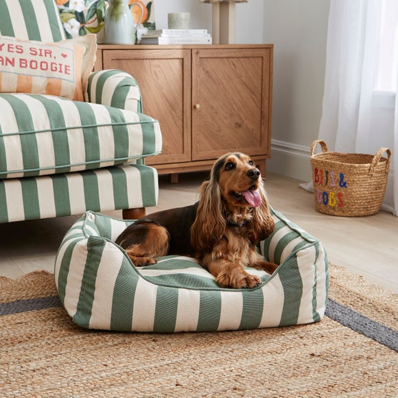 Olive Green Striped Box Dog & Cat Bed with Washable Cover – Medium 60cm