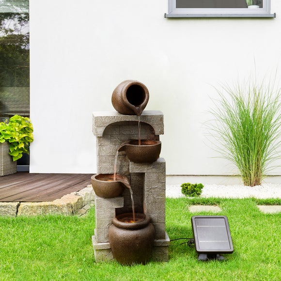 Solar Cascading Stone-Effect Garden Fountain with 4 Bowls & LED Light – 72cm