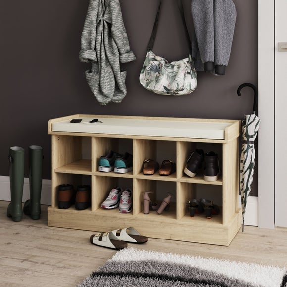 Kempton Oak-Effect Shoe Storage Bench with Cushioned Seat