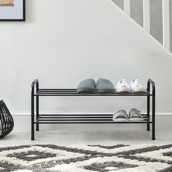 Black Metal 2-Tier Shoe Rack – Compact Hallway Storage