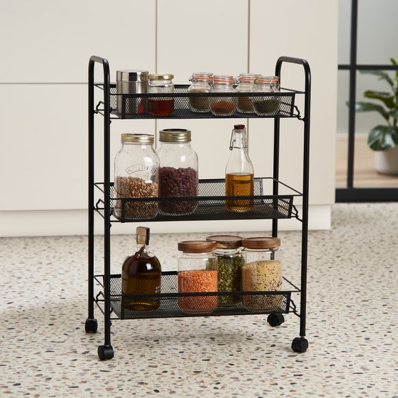 Black Mesh Three-Tier Kitchen Storage Trolley