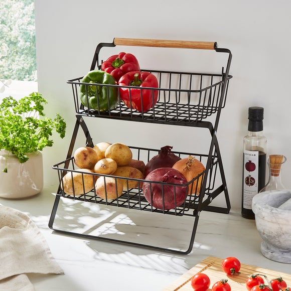 Black Wire Two-Tier Kitchen Storage Rack with 2 Baskets