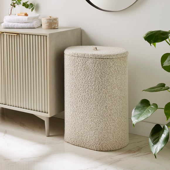 Cream Bouclé Oval Laundry Basket with Lid