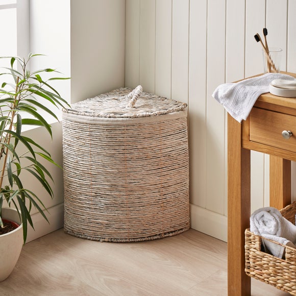 Whitewashed Wicker Corner Laundry Basket