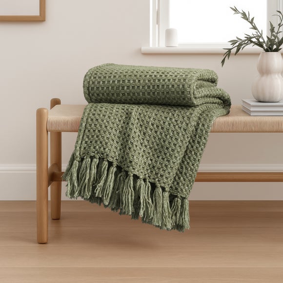 Olive Green Chunky Waffle Textured Sofa Throw – 130 × 180cm