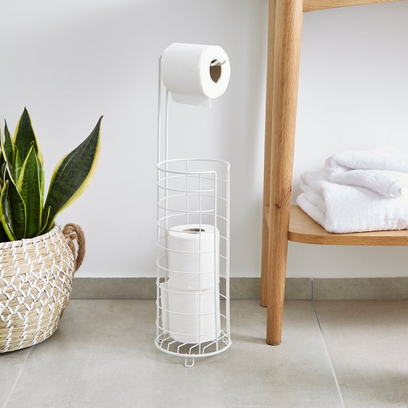 White metal freestanding toilet roll holder with spare roll storage