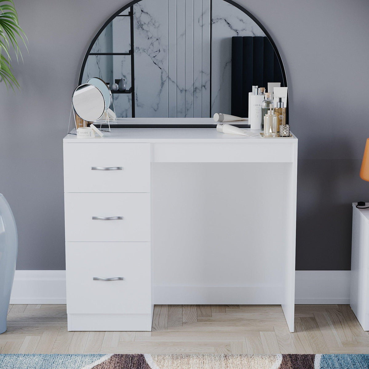 Riano white dressing table in bedroom setting; mirror and accessories not included