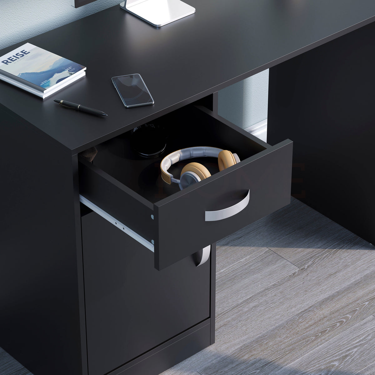 Vida Designs Hudson black computer desk with one drawer and cupboard door