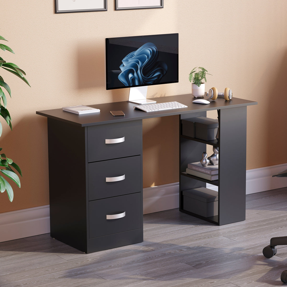 Vida Designs Mason Computer Desk – Black with Drawers & Shelves